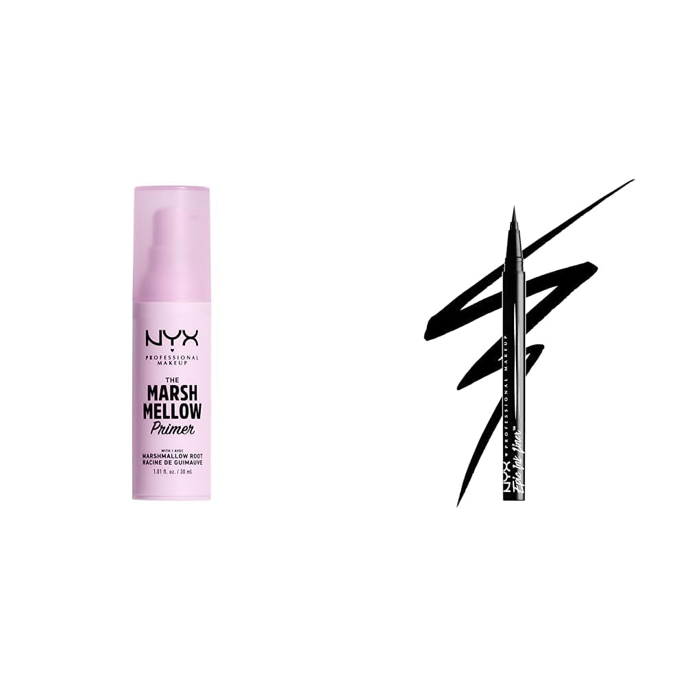 Marshmellow Smoothing Primer, Vegan Face Primer, 10-In-1 Skin Benefits & Epic Ink Liner, Waterproof Liquid Eyeliner - Black, Vegan Formula