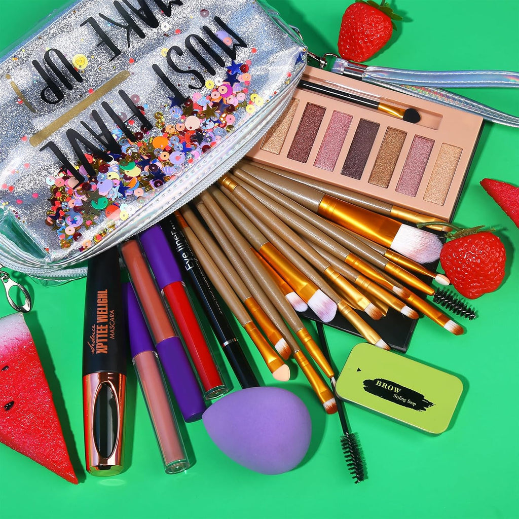 All in One Makeup Set for Women Full Kit - 12 Colors Eyeshadow Palette, Black Mascara Eyeliner Pen, 3Pcs Matte Liquid Lipstick, Eyebrow Soap Gel Kit, 12 Pcs Brushes & Sponge with Makeup Bag Gift Set