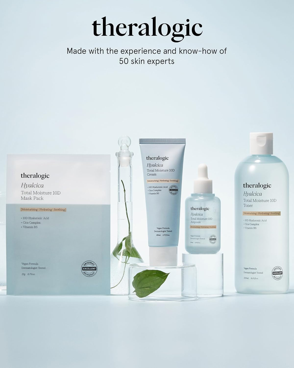 Hyalcica Total Moisture 10D Mask - Vegan Korean Moisturizing Face Mask Sheet with 10 Hyaluronic Acid and Cica - Non Sticky Refreshing - Derma Tested, 10 Sheets