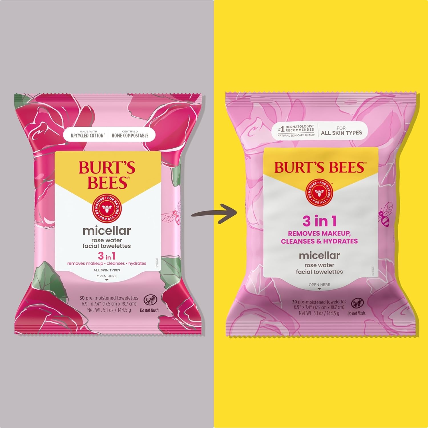 Burt’S Bees Micellar Rose Water Facial Towelettes, 100% Plant Based Cloth; 99% Natural Origin; Remove Makeup, Cleanse, Hydrate; No Oily Residue; All Skin Types; 30 Ct, Pack of 3 (Pack May Vary)