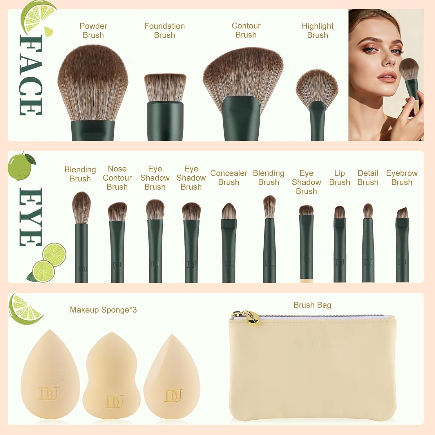 Makeup Gift Set 18Pcs,With 14Pcs Makeup Brush Set 3Pcs Makeup Sponges 1PC Cosmetic Bag for Foundation Blending Powder Blush Concealers Eye Shadows
