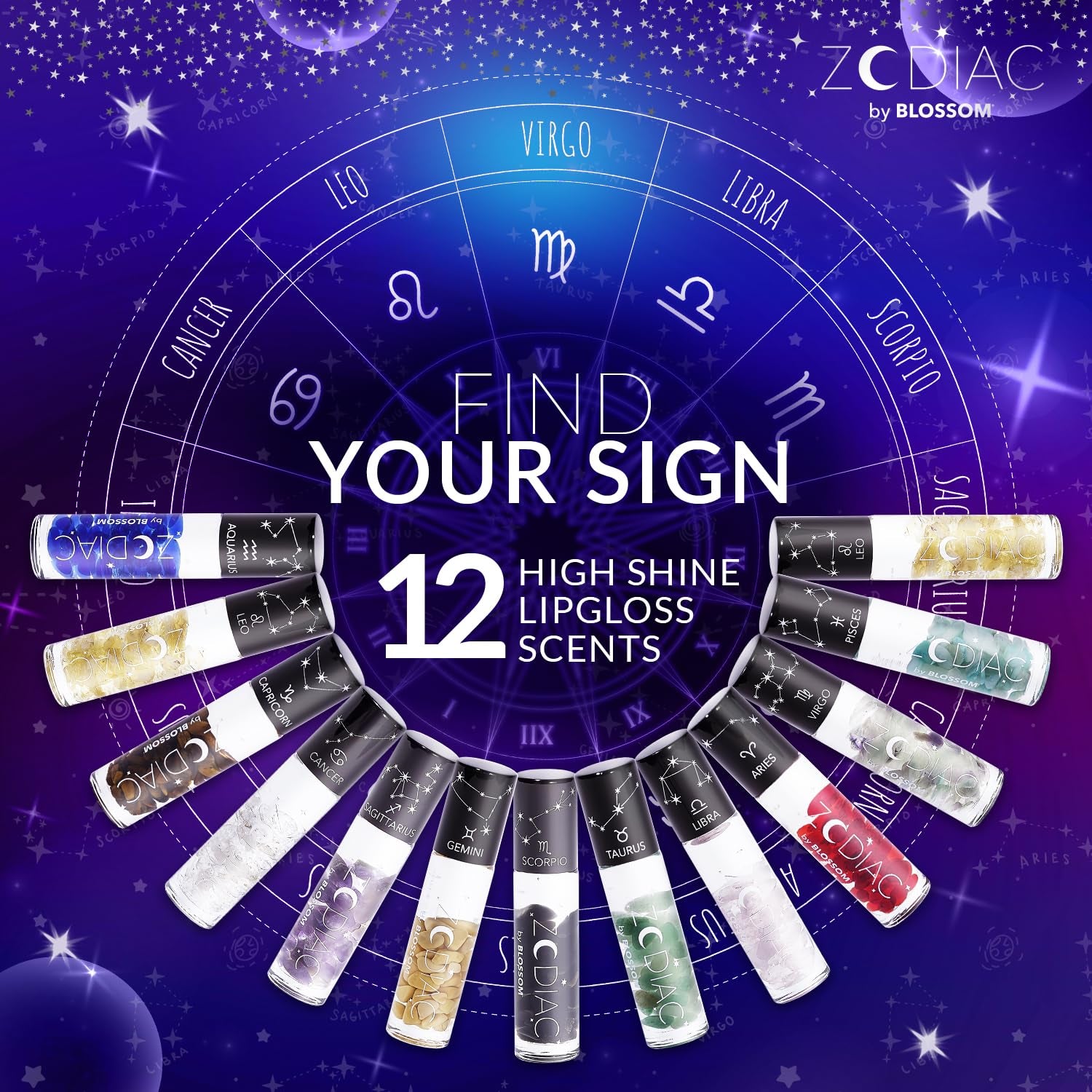 Lip Gloss Zodiac Sign Vanilla Scented Roll-On Lip Gloss, Moisturizing + Hydrating with Zodiac Crystals, Made in USA, 0.20Oz, Virgo