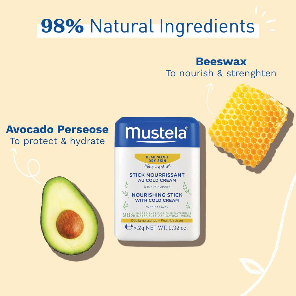 Mustela Baby Nourishing Stick - Lip & Face Moisturizer for Dry Skin - with Natural Avocado, Cold Cream & Beeswax - 0.32 Oz. - Packaging May Vary