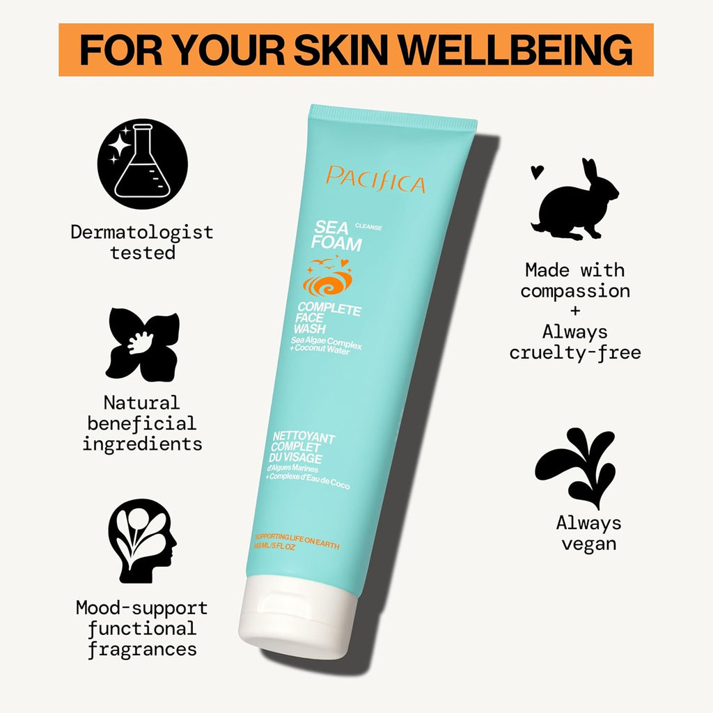 Beauty Sea Foam Face Wash, Daily Gentle Foaming Cleanser, with Coconut Water + Sea Algae, Removes Makeup, for Combination and Oily Skin, Vegan & Cruelty Free
