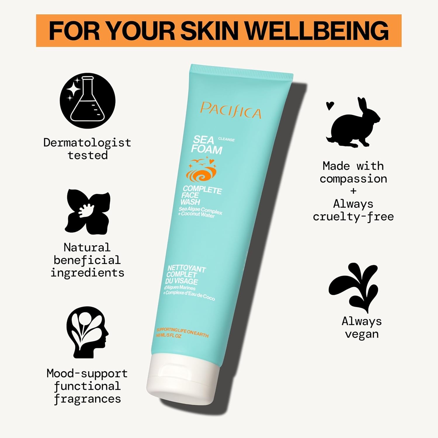 Beauty Sea Foam Face Wash, Daily Gentle Foaming Cleanser, with Coconut Water + Sea Algae, Removes Makeup, for Combination and Oily Skin, Vegan & Cruelty Free