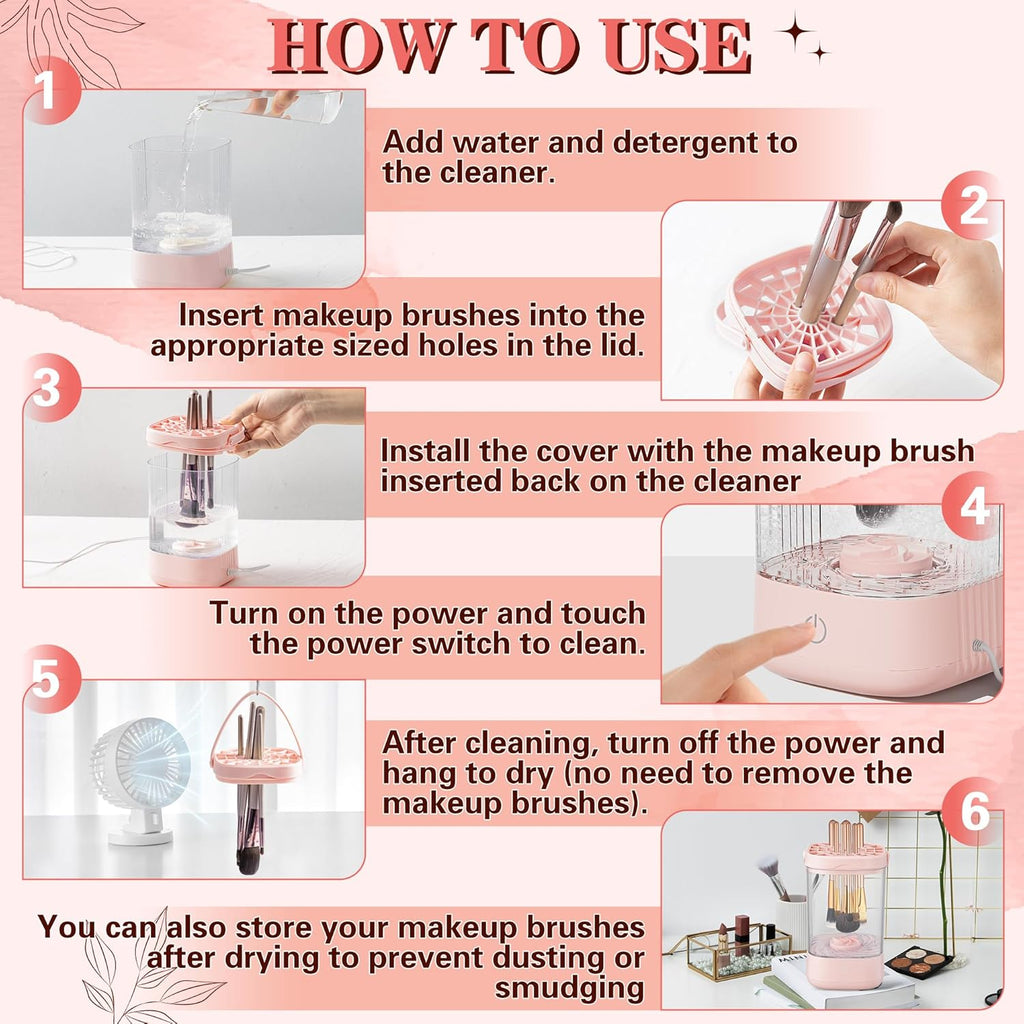 Electric Makeup Brush Cleaner - Portable Makeup Brushes Cleaning Machine, Automatic Spinning Cosmetic Brushes Washer, Make up Brush Cleaner Tools for Most Sizes Brushes and Sponges (Pink)