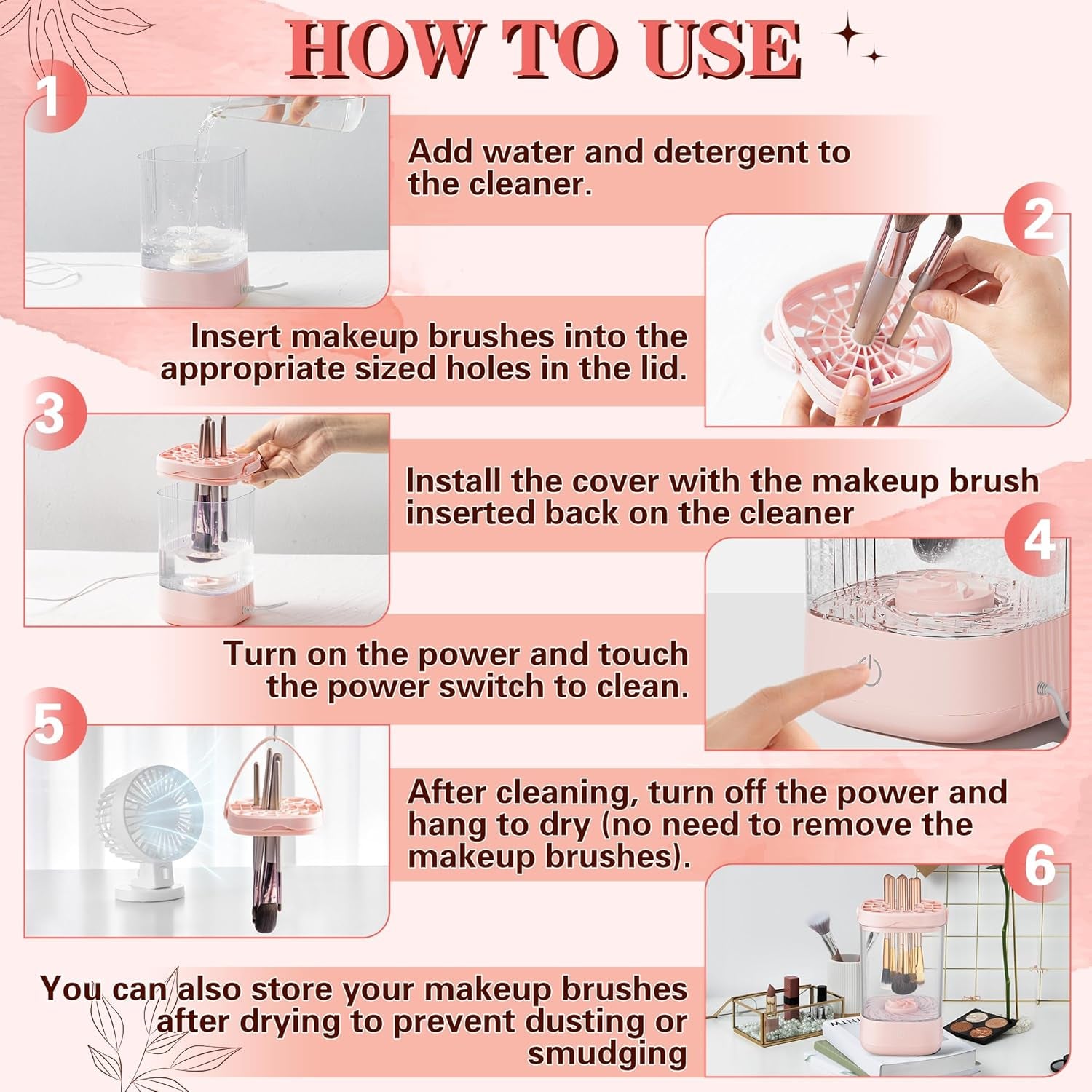 Electric Makeup Brush Cleaner - Portable Makeup Brushes Cleaning Machine, Automatic Spinning Cosmetic Brushes Washer, Make up Brush Cleaner Tools for Most Sizes Brushes and Sponges (Pink)