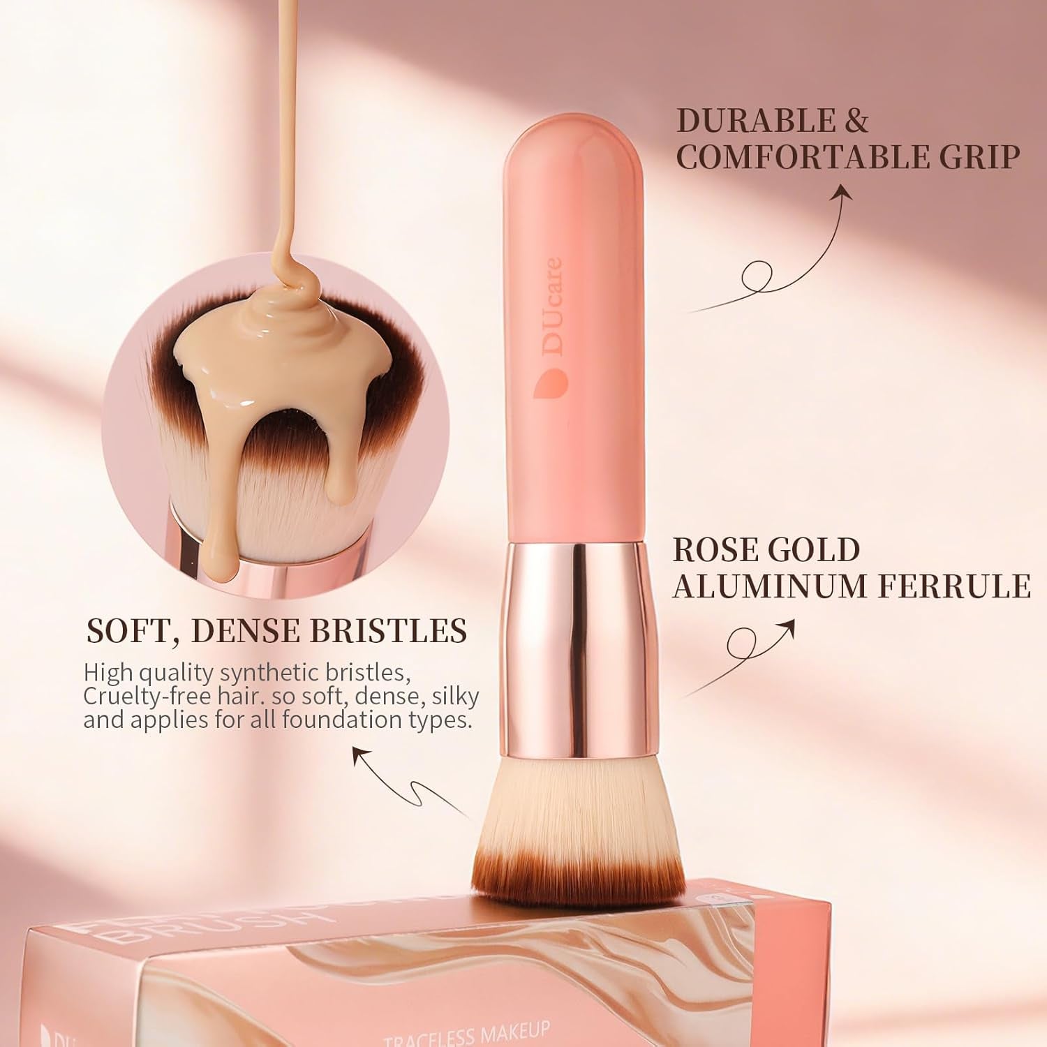 Foundation Brush for Liquid Makeup,Flat Top Kabuki Foundation Brushes - Premium Makeup Brush for Liquid, Cream, Powder,Buffing, Blending,Pink