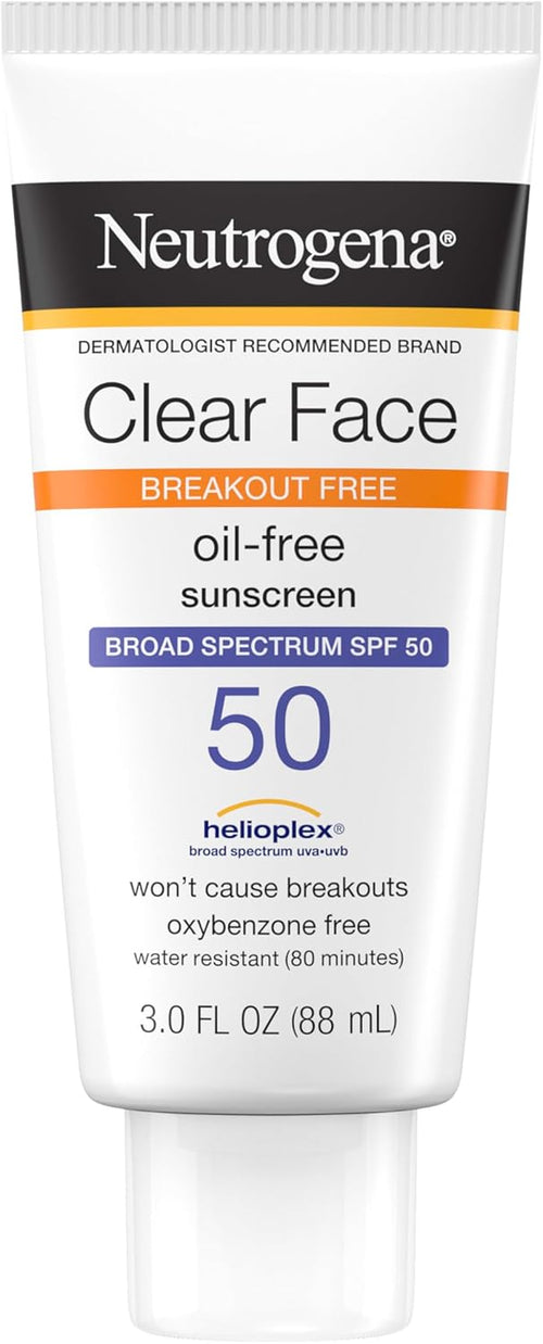 Clear Face Sunscreen Lotion for Acne-Prone Skin, Broad Spectrum SPF 50, Sunscreen for Face & Oily Skin, Oil-,Fragrance- & Oxybenzone-Free, Water Resistant, Matte, Unscented, 3 Fl Oz