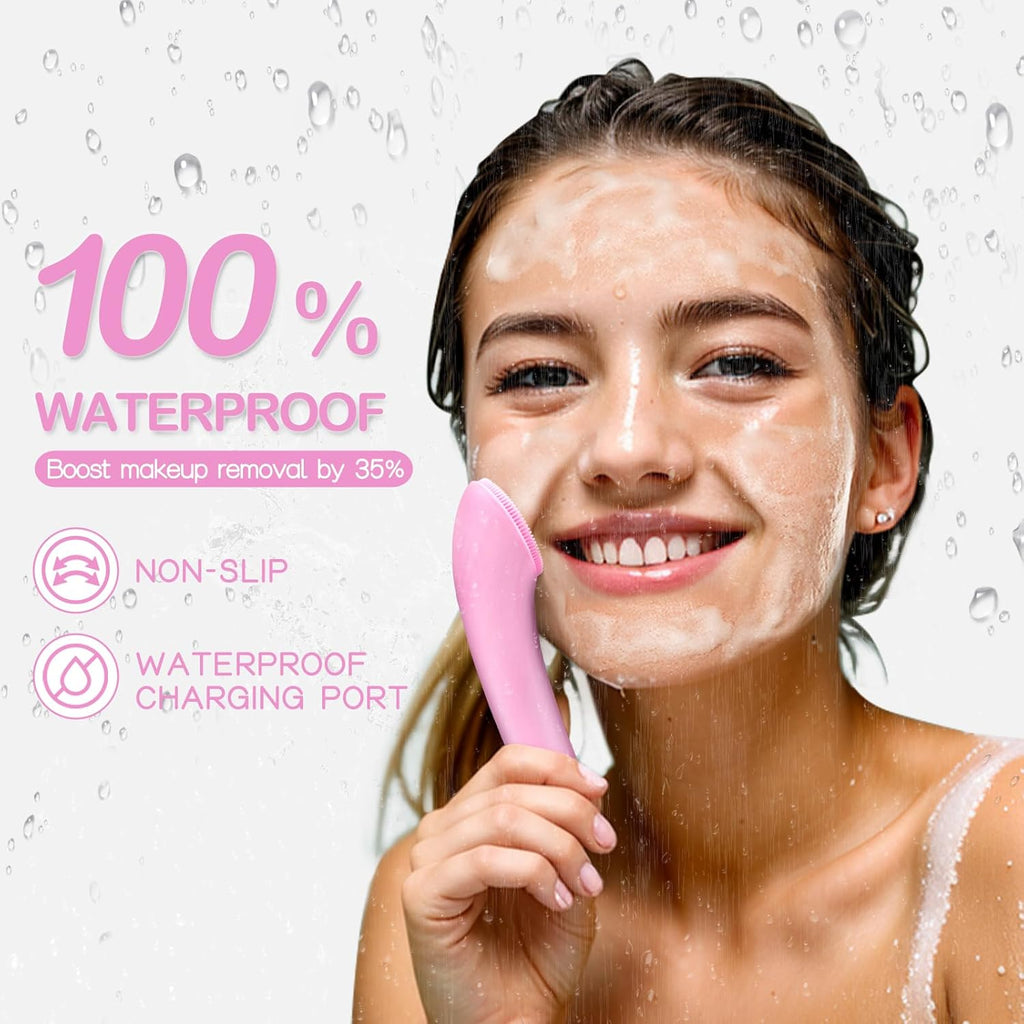 Facial Cleansing Brush, Rechargeable Silicone Face Scrubber with Heat Massage End, Vibrating Exfoliator Scrubber for Deep Cleaning, Waterproof Face Brush for Women and Men (Pink)