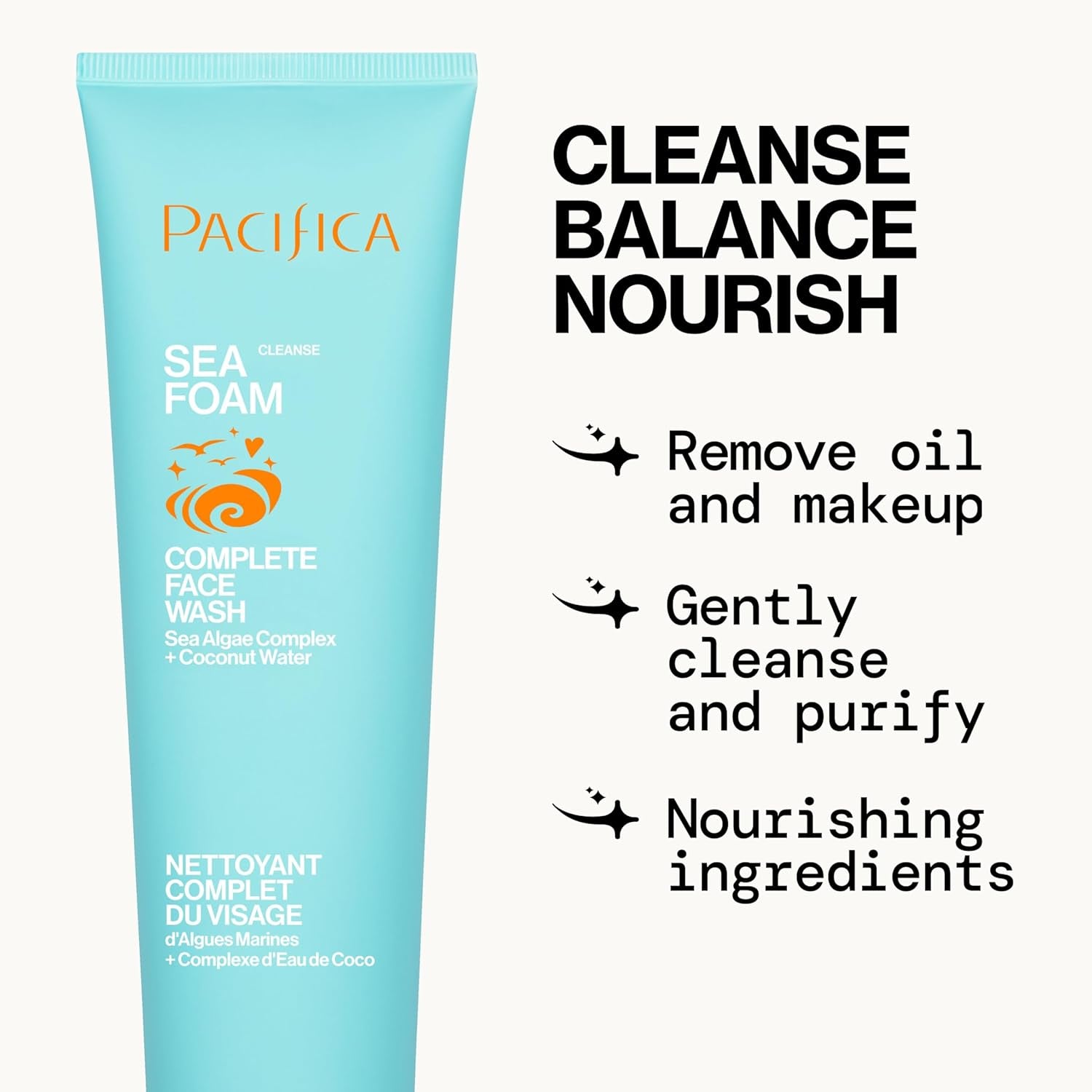 Beauty Sea Foam Face Wash, Daily Gentle Foaming Cleanser, with Coconut Water + Sea Algae, Removes Makeup, for Combination and Oily Skin, Vegan & Cruelty Free