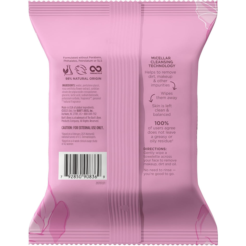 Burt’S Bees Micellar Rose Water Facial Towelettes, 100% Plant Based Cloth; 99% Natural Origin; Remove Makeup, Cleanse, Hydrate; No Oily Residue; All Skin Types; 30 Ct, Pack of 3 (Pack May Vary)