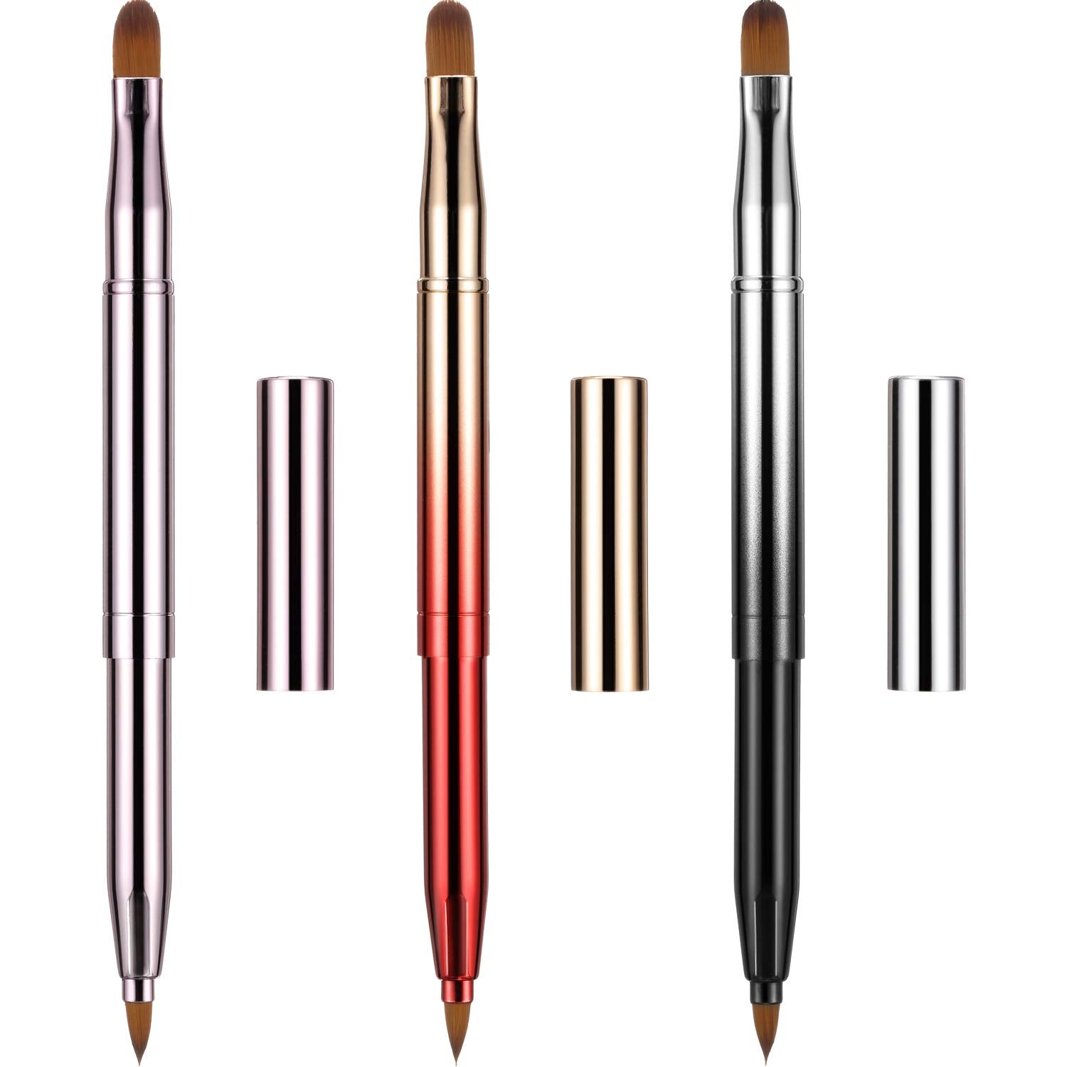 3 Pack Retractable Lip Brush for Lipstick with Cap Dual-Ended Liner Foundation Makeup Brush Sets Travel Applicators(Gradient Black, Gradient Red, Bright Pink)