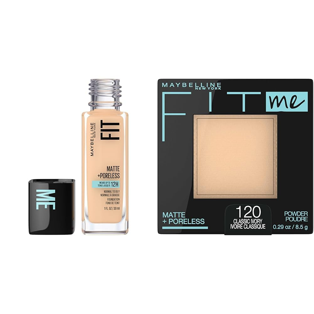 Fit Me Matte + Poreless Liquid Oil-Free Foundation Makeup & Fit Me Matte + Poreless Pressed Face Powder Makeup & Setting Powder, Classic Ivory, 1 Count