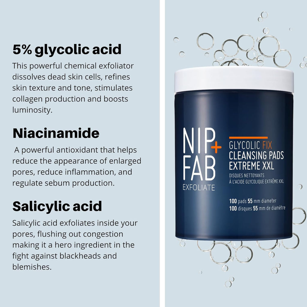 Glycolic Fix Night Pads Extreme XXL (100 Count) – 5% Glycolic Acid Exfoliating Face Pads with Salicylic Acid – Resurfacing AHA BHA Chemical Peel for Blemishes & Texture