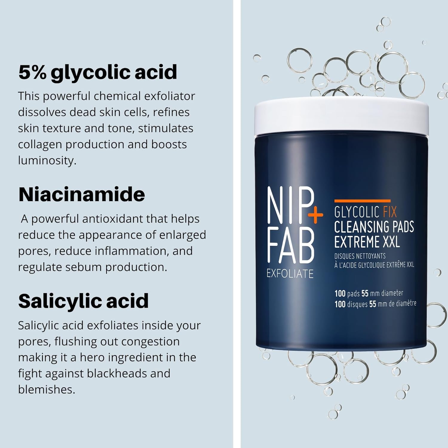 Glycolic Fix Night Pads Extreme XXL (100 Count) – 5% Glycolic Acid Exfoliating Face Pads with Salicylic Acid – Resurfacing AHA BHA Chemical Peel for Blemishes & Texture