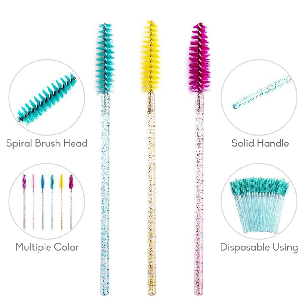 100 Pcs Crystal Eyelash Brush - Glitter Mascara Wands, Spoolies for Eyelash Extensions, Professional Eyebrow Spoolie Brush, Sparkling Makeup Applicator Tool (Crystal Blue)