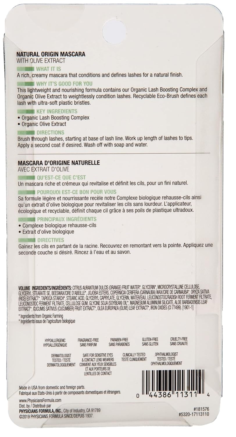 Organic Wear Lash-Boosting All Natural Mascara, Lifts, Lengthens, for Sensitive Eyes, Dermatologist Tested - Natural Origin Black