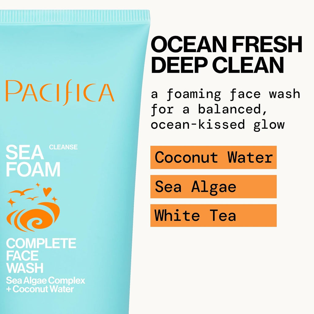 Beauty Sea Foam Face Wash, Daily Gentle Foaming Cleanser, with Coconut Water + Sea Algae, Removes Makeup, for Combination and Oily Skin, Vegan & Cruelty Free